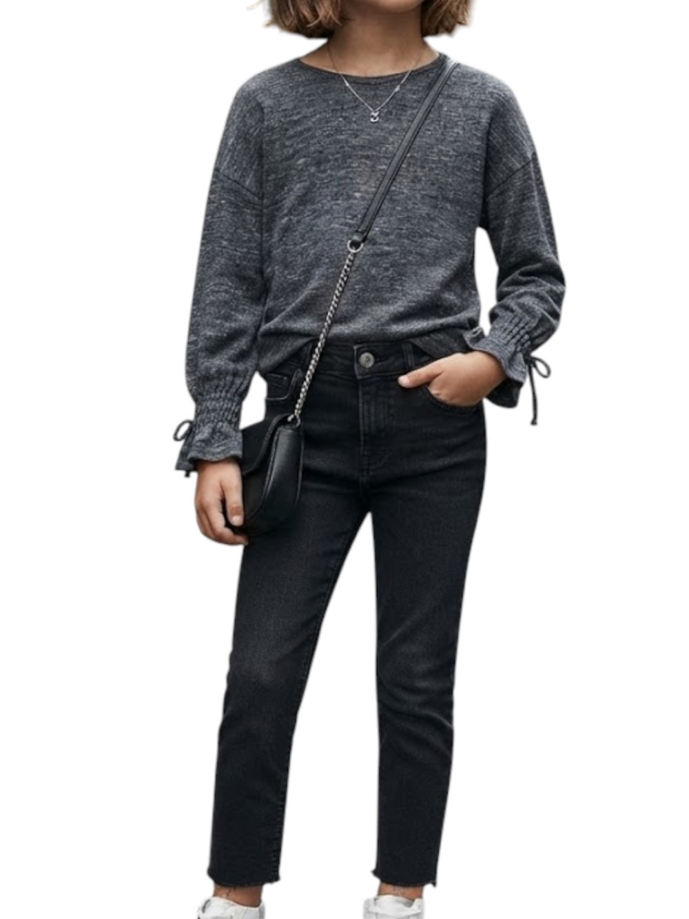 ZARA Kids Heathered Grey Knotted Cuff Long Sleeve Top Size 13-14Y
